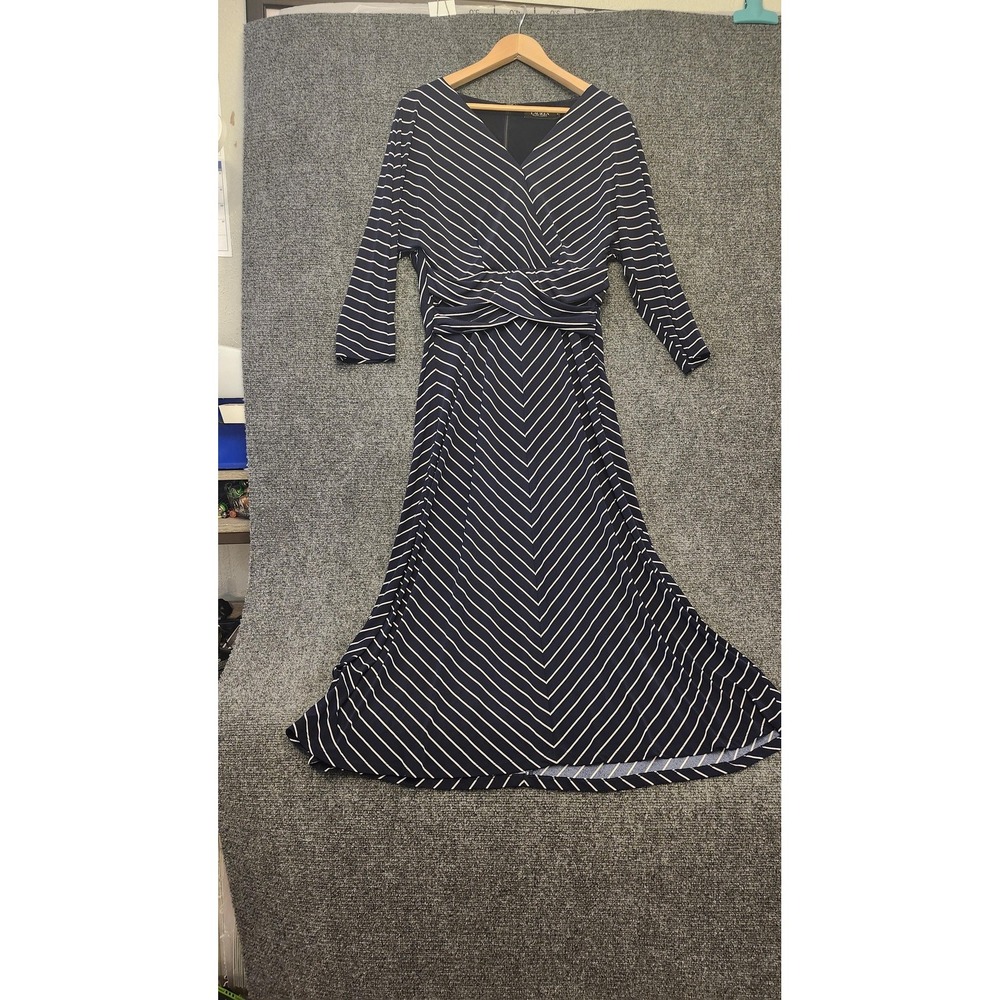 Lauren Ralph Lauren Dress Womens 10 Blue Stripe Faux Wrap Maxi Jersey V Neck